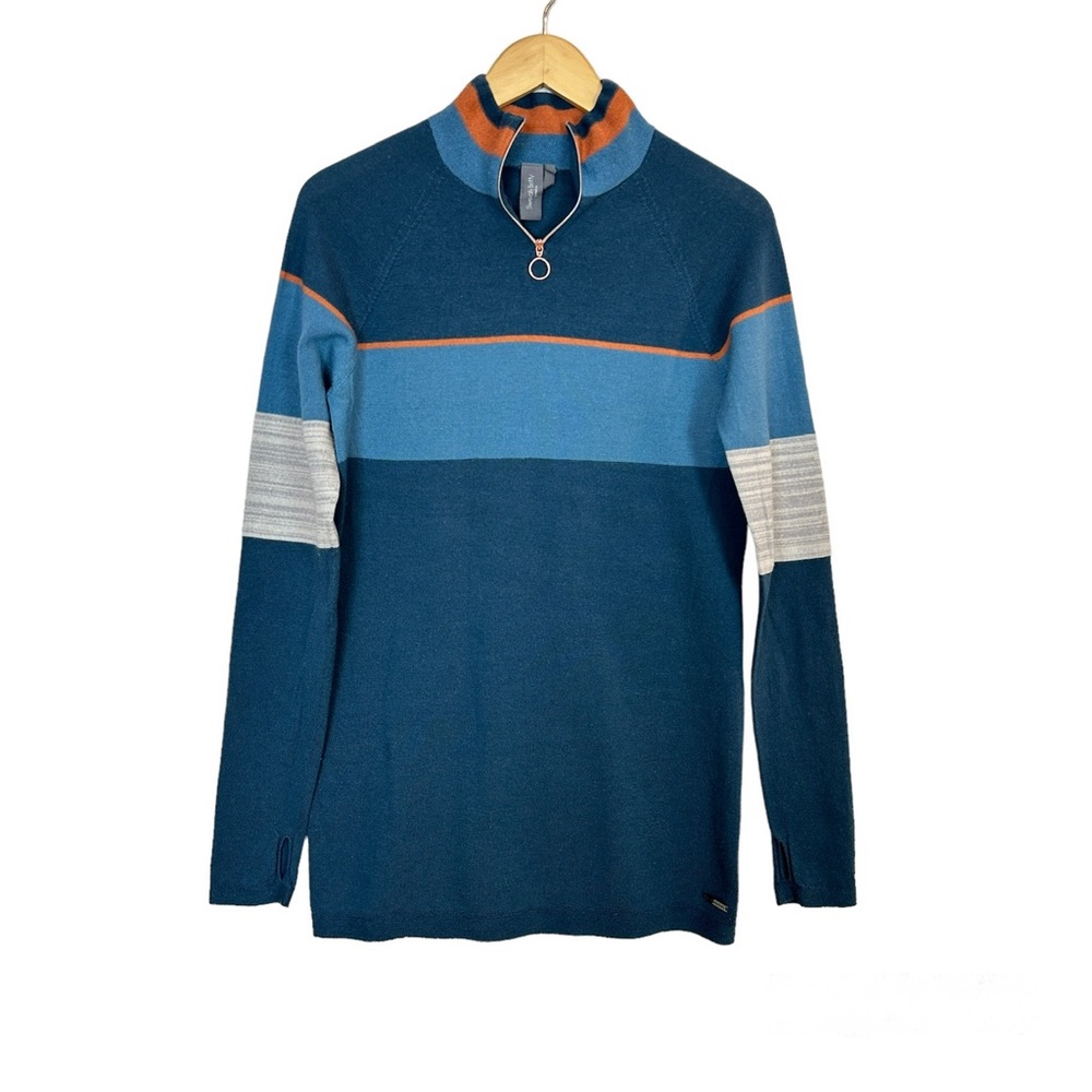 Sweaty Betty 100% Merino‎ Wool Retro Stripe Blue Sweater Women’s Sz Large